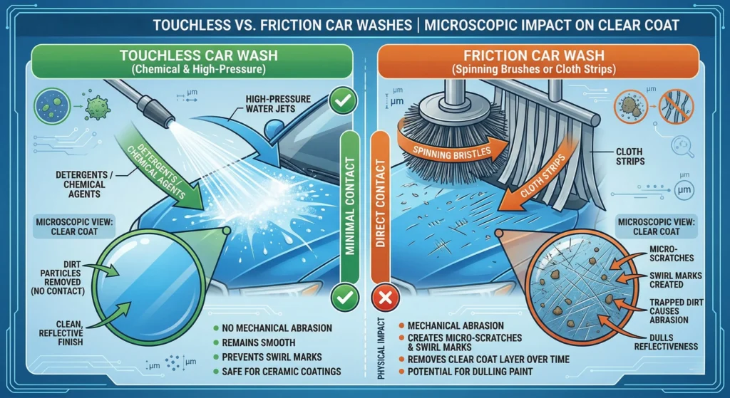 Microscopic comparison of car paint after touchless versus friction automatic car washes