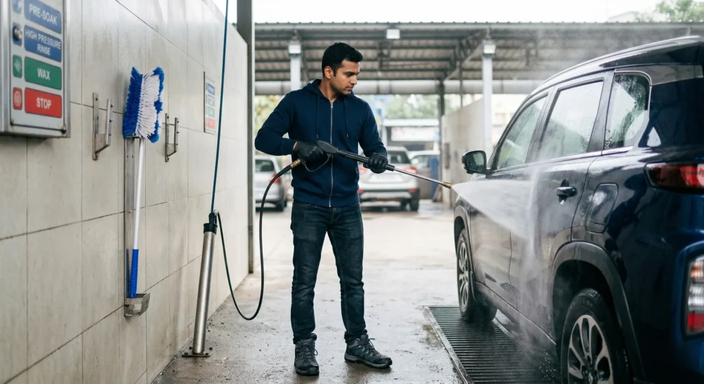 Safe washing techniques at a self serve car wash bay using a high pressure wand.