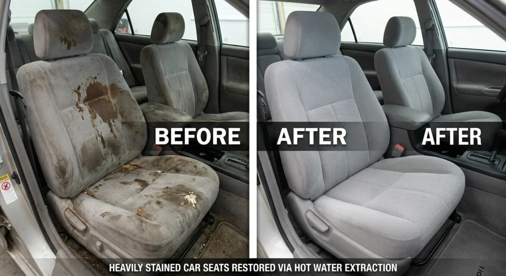 Before and after results of professional interior car detailing on stained fabric seats.